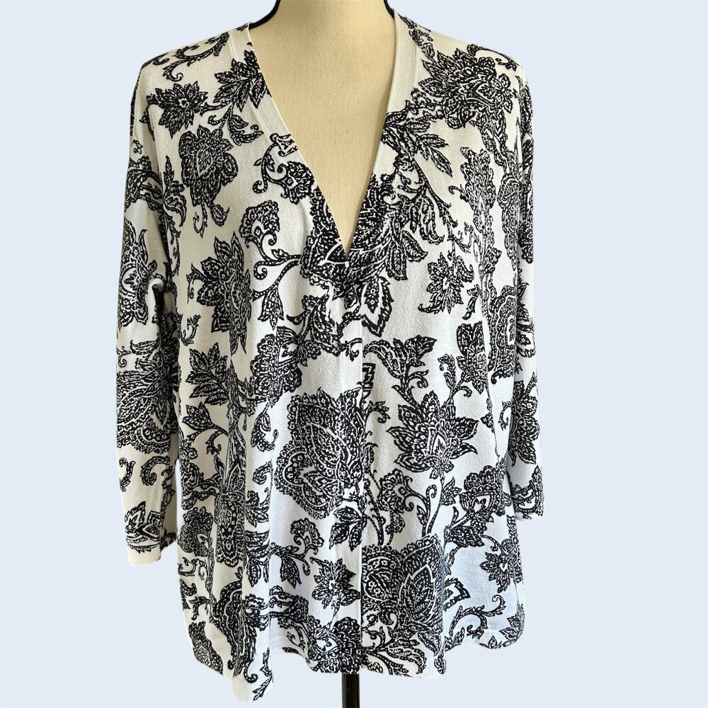 Jones NY 2X Navy Ivory Paisley Cardigan | Lightweight Career Travel Sweater